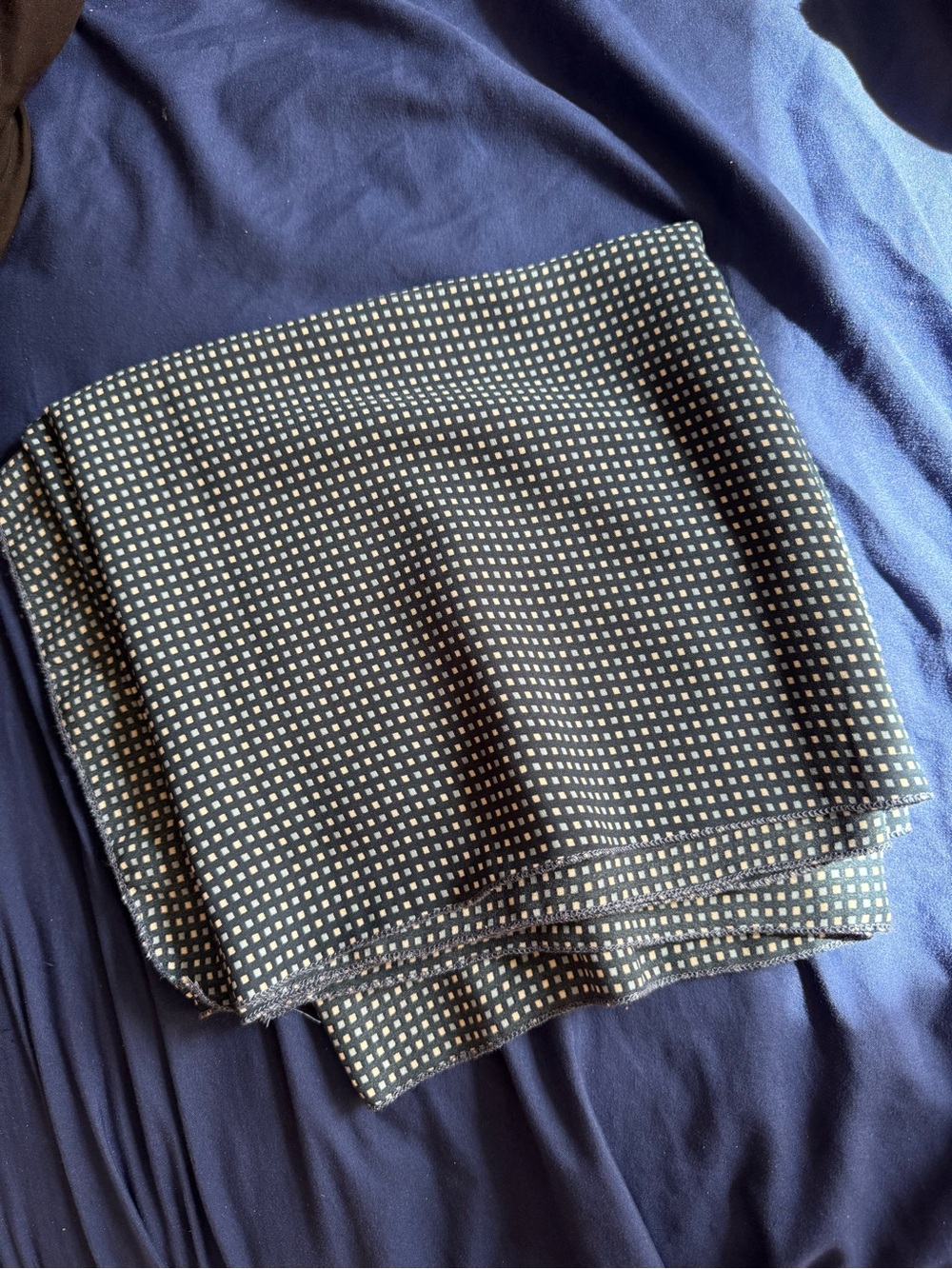 Long rectangle navy blue scarf with light blue and white box design